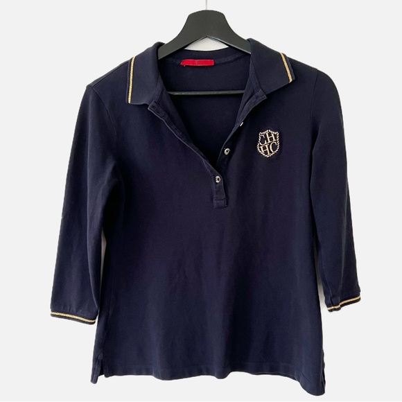 Carolina Herrera Polo Navy Blue Gold Embroidered Crest Cotton T-shirt Wom… - Picture 5 of 15
